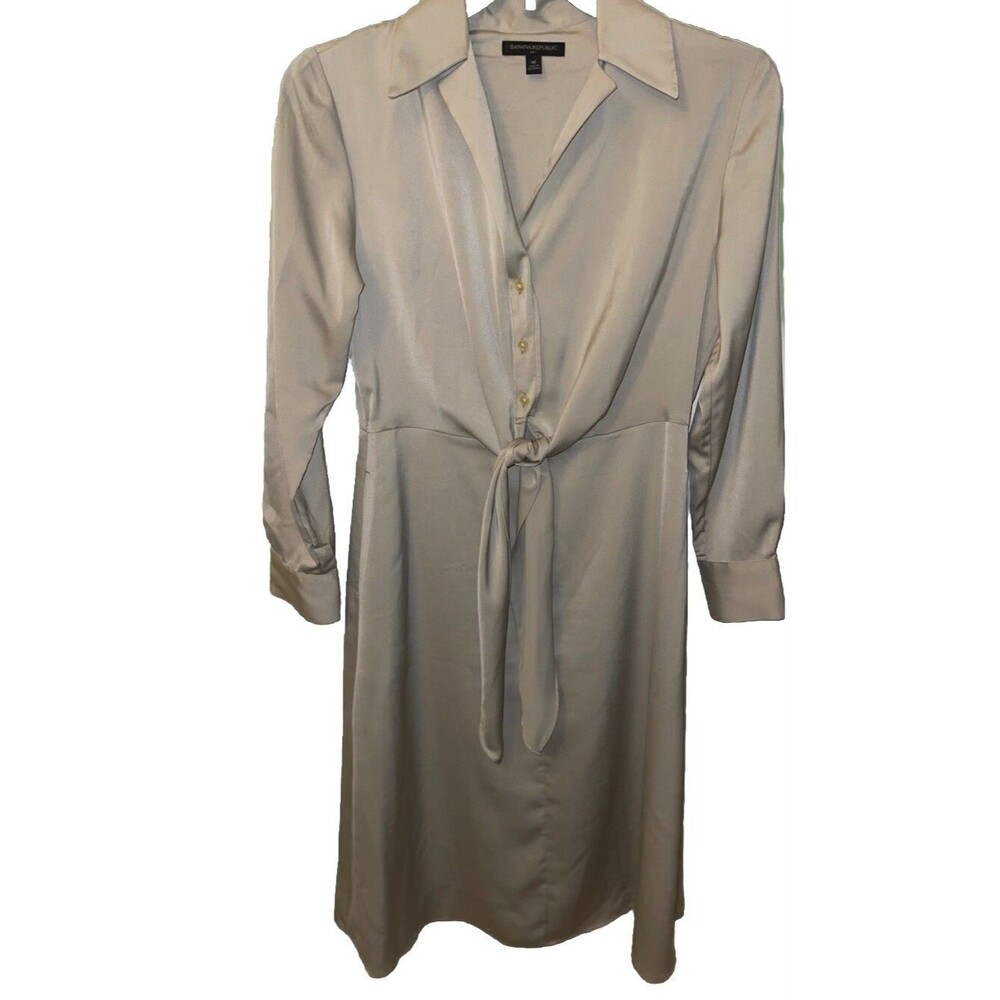 NINE WEST MIDI SHIRT DRESS Neutral Beige Woman’s Size M Long Sleeve Tie Accent